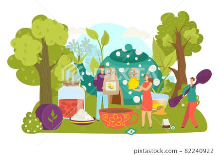 Tea drink for people, vector illustration. Tiny flat man woman character make hot beverage in cup, person hold spoon, teabag, lemon. Tea drink for people, vector illustration. Tiny flat man woman character make hot beverage in cup, person hold spoon, teabag, lemon. 82240922