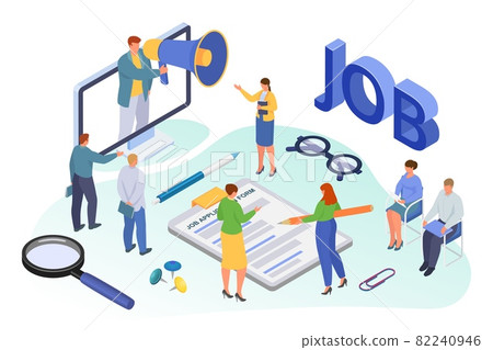 Job recruiting isometric, vector illustration, employment for tiny man woman character, flat person use loudspeaker for hr work, candidate 82240946