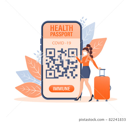 Mobile phone with immune digital health passport for covid-19. Green icon. Isometric concept. Covid pcr test vector icon. Vector isometric illustration. 82241833