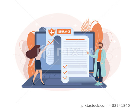 Vector illustration with health insurance concept. Big clipboard with doctor and woman. Healthcare, finance and medical service. Vector illustration in flat style. Vector illustration with health insurance concept. Big clipboard with doctor and woman. Healthcare, finance and medical service. Vector illustration in flat style. 82241840