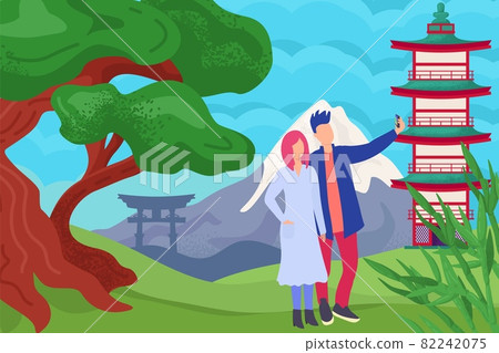 Couple people travel at asian nature, vector illustration, flat man woman character at china tourism, people make photo near chienese architecture 82242075
