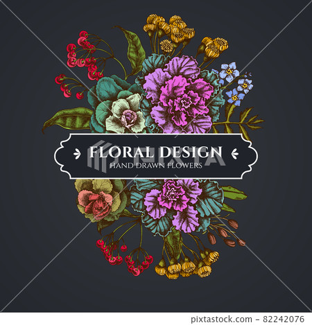 Floral bouquet dark design with wax flower, forget me not flower, tansy, ardisia, brassica 82242076