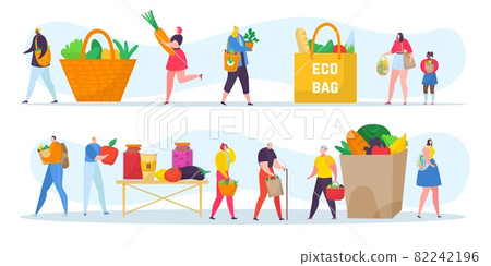 Ecology friendly people set concept, vector illustration. Flat tiny man woman character shopping, use eco paper bag without plastic. Ecology friendly people set concept, vector illustration. Flat tiny man woman character shopping, use eco paper bag without plastic. 82242196
