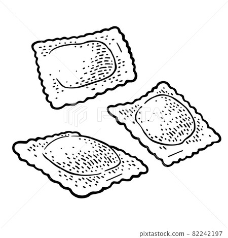 Three ravioli. Vintage black vector engraving illustration. Isolated on white Three ravioli. Vintage black vector engraving illustration. Isolated on white 82242197