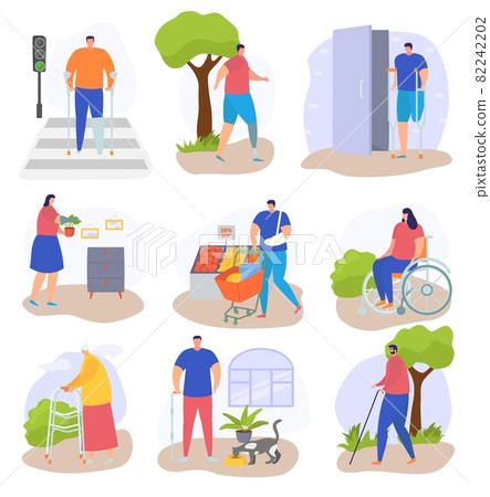 Disabled people lifestyle, isolated on white set, vector illustration, flat woman person character at wheelchair, disability man without leg. 82242202