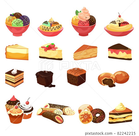 Dessert food, sweet cake set, vector illustration, chocolate pastry from bakery, isolated on white delicious cupcake with tasty cream. 82242215