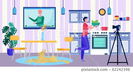 Online blogger video at screen, vector illustration, woman character look internet digital blog at tv technology, female streaming cooking. Online blogger video at screen, vector illustration, woman character look internet digital blog at tv technology, female streaming cooking. 82242398