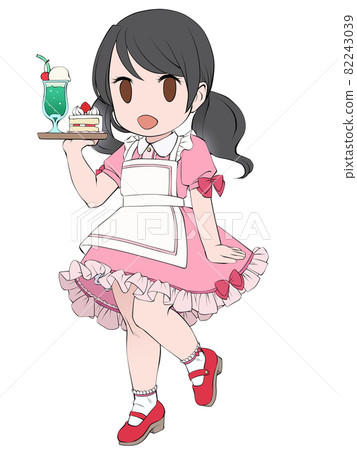 一個精力充沛的女服務員端著一套蛋糕 82243039