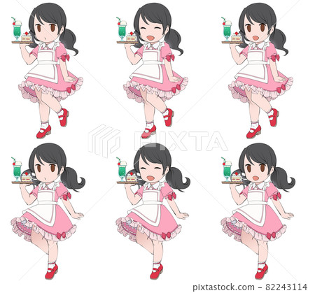 Waitresses with different facial expressions carrying cake sets 82243114