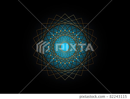 Gold Circle mandala, Blue Sacred Geometry, round frame sign geometric logo design, intertwining of square and triangular shapes, golden line drawing mystic icon vector isolated on black background Gold Circle mandala, Blue Sacred Geometry, round frame sign geometric logo design, intertwining of square and triangular shapes, golden line drawing mystic icon vector isolated on black background 82243115