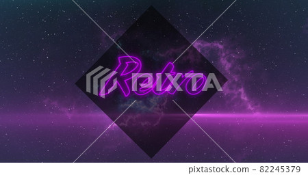 Image of neon Retro text in purple with purple clouds of smoke on night sky Image of neon Retro text in purple with purple clouds of smoke on night sky 82245379