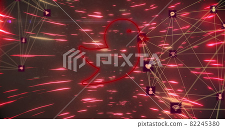 Bird icon and globe of network of icons against light trails Bird icon and globe of network of icons against light trails 82245380