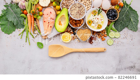 Ketogenic low carbs diet concept. Ingredients for healthy foods selection set up on white concrete background. 82246691