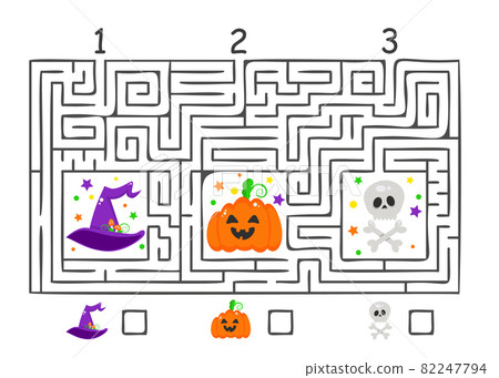 Rectangular halloween maze labyrinth game for kids. Labyrinth logic conundrum. Three entrances. Vector flat illustration Rectangular halloween maze labyrinth game for kids. Labyrinth logic conundrum. Three entrances. Vector flat illustration 82247794