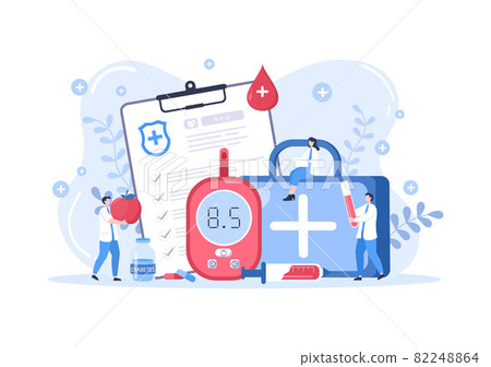 Diabetes Testing with Blood Glucose Meter, Exam Results, Tubes, Syringe to Medical Healthcare and Treatment For Poster Background Vector Illustration 82248864