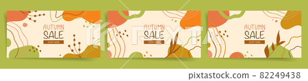 Autumn sale discount banners template set. Floral abstract design with wavy geometric shapes, dots and leaves. Vector banners design for web page, card, flyers. Botanical theme banners layouts. Autumn sale discount banners template set. Floral abstract design with wavy geometric shapes, dots and leaves. Vector banners design for web page, card, flyers. Botanical theme banners layouts. 82249438