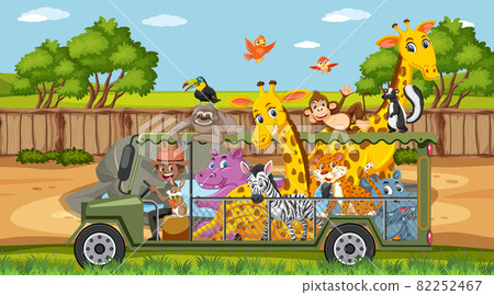 Safari scene at daytime with wild animals on... - Stock Illustration ...