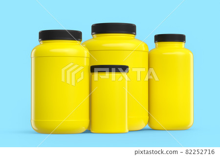 Set of yellow plastic jar for sport nutrition protein powder isolated on blue 82252716