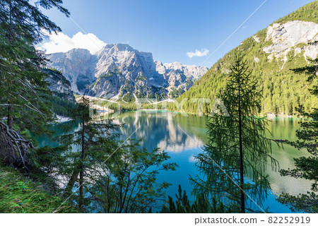 Pragser Wildsee or Lake Braies and Mountain Peak of Croda del Becco - Trentino Italy Pragser Wildsee or Lake Braies and Mountain Peak of Croda del Becco - Trentino Italy 82252919