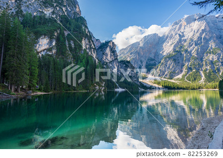 Pragser Wildsee or Lake Braies and Mountain Peak of Croda del Becco - Trentino Italy Pragser Wildsee or Lake Braies and Mountain Peak of Croda del Becco - Trentino Italy 82253269
