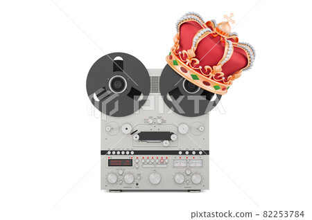 Reel-to-reel tape recorder with golden crown, 3D rendering 82253784
