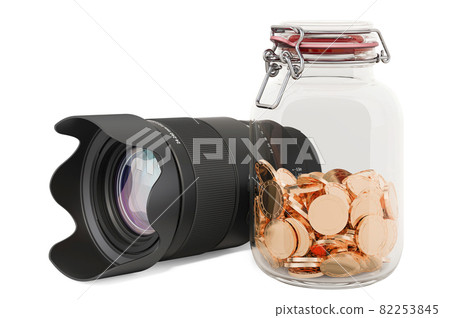 Camera lens with glass jar full of golden coins, 3D rendering Camera lens with glass jar full of golden coins, 3D rendering 82253845
