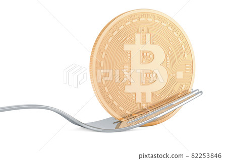 Bitcoin with fork. Fork of bitcoin, concept. 3D rendering Bitcoin with fork. Fork of bitcoin, concept. 3D rendering 82253846