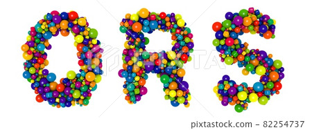 Multicolored letters Q R S. Funny 3D illustration. Glossy multicolored decorative balls text. 82254737