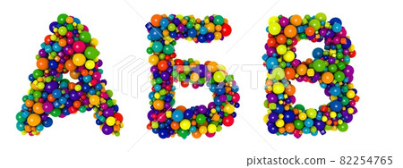 Multicolored russian alphabet letters A B V. Funny 3D illustration. Glossy multicolored decorative balls text. Multicolored russian alphabet letters A B V. Funny 3D illustration. Glossy multicolored decorative balls text. 82254765
