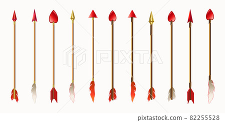 Set of arrows, gold and red tips with feathers Set of arrows, gold and red tips with feathers 82255528