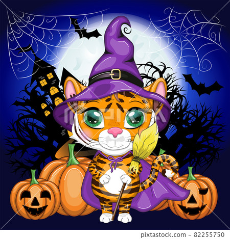 Cute cartoon tiger with beautiful eyes, orange in a purple cloak and witch's broom, with a broom and pumpkins. Halloween 2022. 82255750