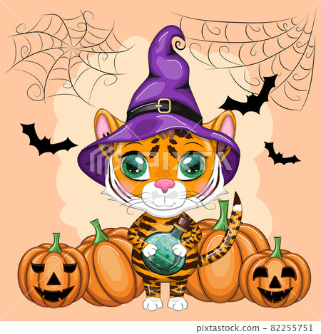 Cute cartoon tiger with beautiful eyes, orange in a purple witch's hat, with a broom and pumpkins. Halloween 2022. Cute cartoon tiger with beautiful eyes, orange in a purple witch's hat, with a broom and pumpkins. Halloween 2022. 82255751