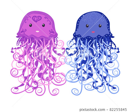 Pair of funny jellyfish hand drawn. Cute marine life, Scandinavian style, detailed. Pair of funny jellyfish hand drawn. Cute marine life, Scandinavian style, detailed. 82255845