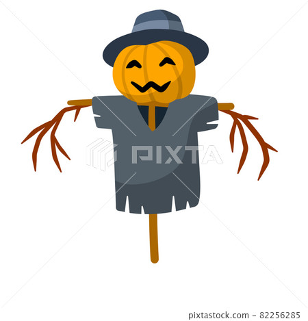 Scarecrow with a pumpkin head. A fabulous Halloween Character. Old clothes and a stick. Flat cartoon illustration. Funny bogeyman with hat 82256285
