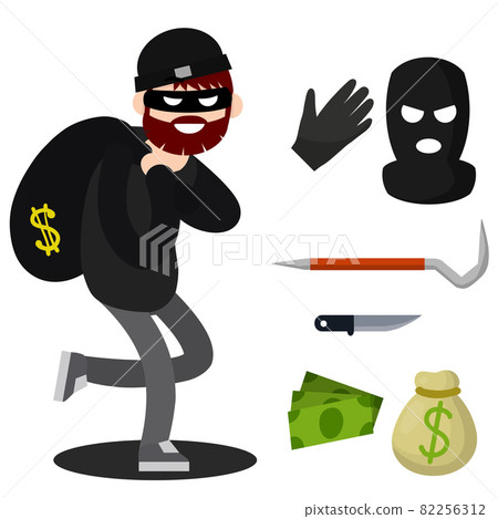 Thief with knife. Robber in black cloth. Set of tools for crime. pinch bar, crowbar, glove. Funny guy. Cartoon flat illustration. Man burglar. Security problem 82256312