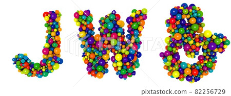 Multicolored letters J W. Funny 3D illustration. Glossy multicolored decorative balls text. 82256729