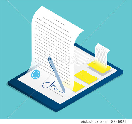 Isometric pen digitally writes signature on contract by tablet screen. Using digital sign for electronic documents. Realistic 3D vector isolated on background Isometric pen digitally writes signature on contract by tablet screen. Using digital sign for electronic documents. Realistic 3D vector isolated on background 82260211