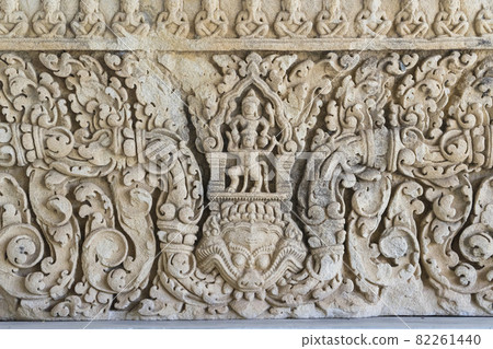Detail of carvings stone Bas-Relief lintel of Khmer Culture in Thailand. 82261440
