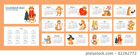 Horizontal calendar 2022. Happy New Year. Merry Christmas. Tiger year. Chinese horoscope. Vector isolated cartoon smiling tigers. Seasons sport love hobbies vacation holidays. Week starts on Sunday 82262772
