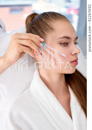 Close-up of procedure for face lifting PDO Suture operation, face lifting surgery. copy space Close-up of procedure for face lifting PDO Suture operation, face lifting surgery. copy space 82263692
