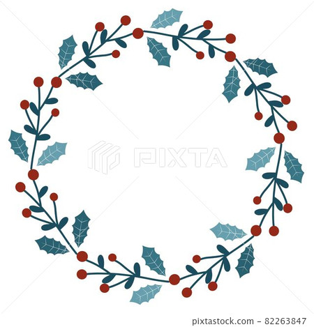Round wreath with blue frosty leaves and red berries. 82263847