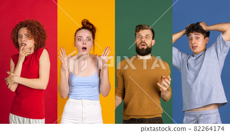 Portraits of group of multiethnic young people on multicolored background. Concept of emotions, facial expressions. Collage Portraits of group of multiethnic young people on multicolored background. Concept of emotions, facial expressions. Collage 82264174