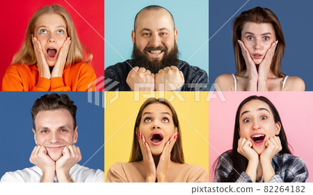 Portraits of group of multiethnic young people on multicolored background. Concept of emotions, facial expressions. Collage Portraits of group of multiethnic young people on multicolored background. Concept of emotions, facial expressions. Collage 82264182