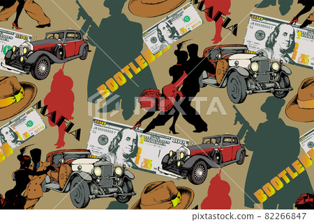 Seamless pattern. American dollar, tango, fedora hat, vintage cars and gangsters Seamless pattern. American dollar, tango, fedora hat, vintage cars and gangsters 82266847