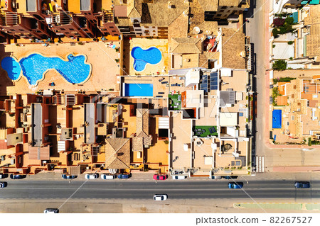 Directly above aerial view residential houses Directly above aerial view residential houses 82267527