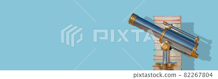 Banner with an old antique metal telescope standing near a stack of books at solid blue background with copy space and shadow, details, closeup. Concept exploration, education and travel. Banner with an old antique metal telescope standing near a stack of books at solid blue background with copy space and shadow, details, closeup. Concept exploration, education and travel. 82267804