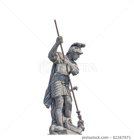 Ancient statute armed medieval warrior killing a dragon with spear in historical downtown of Dresden, Germany. Concept of art and historical heritage. Isolated at white background. Ancient statute armed medieval warrior killing a dragon with spear in historical downtown of Dresden, Germany. Concept of art and historical heritage. Isolated at white background. 82267871