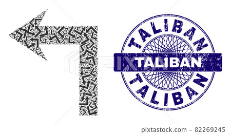 Turn Left Fractal Mosaic of Turn Left Icons and Grunge Taliban Round Guilloche Seal 82269245