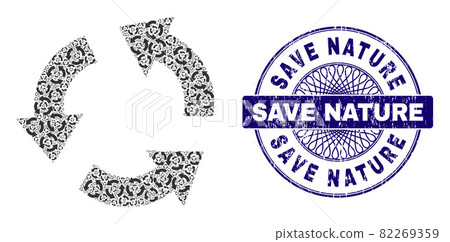Recycle Recursion Collage of Recycle Items and Grunge Save Nature Round Guilloche Stamp 82269359
