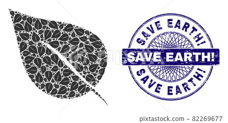 Plant Leaf Recursion Collage of Plant Leaf Items and Scratched Save Earth! Round Guilloche Seal Stamp 82269677